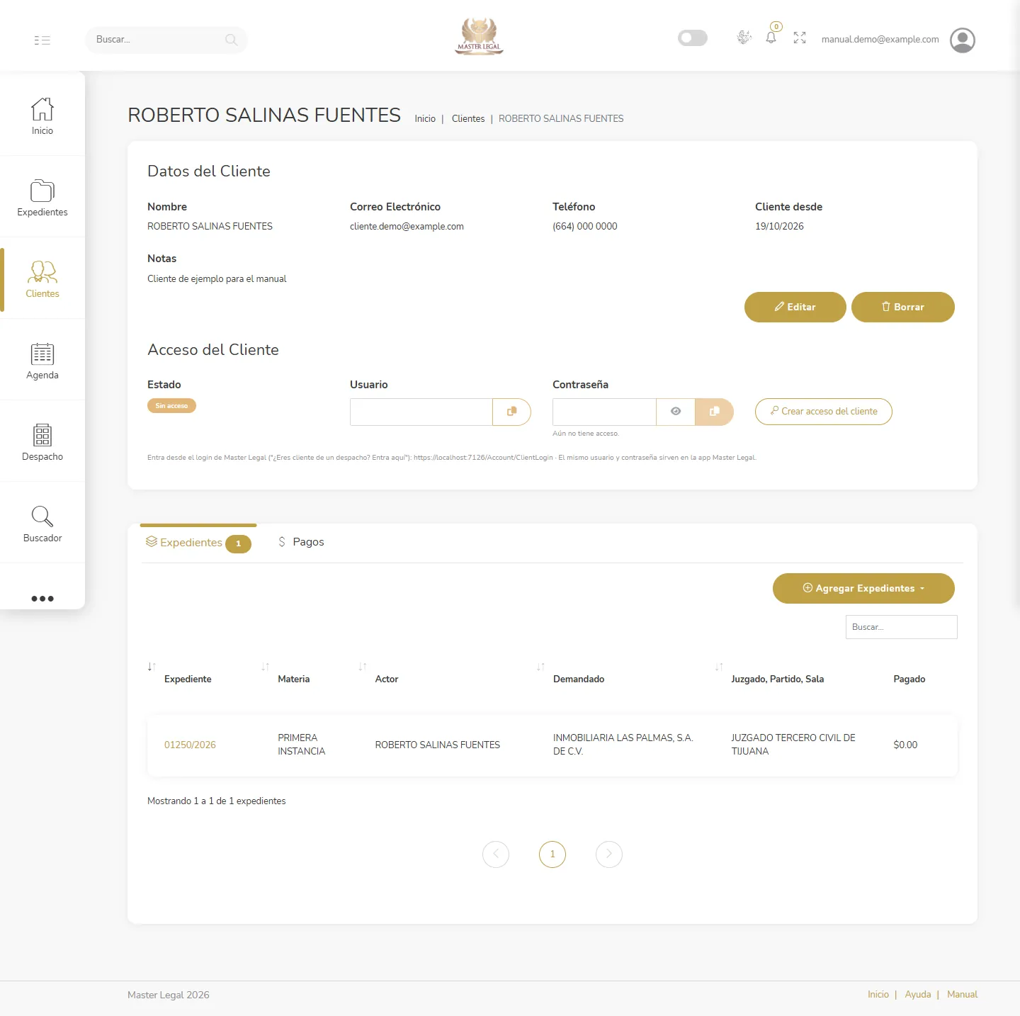 Administración de clientes y su portal en Master Legal