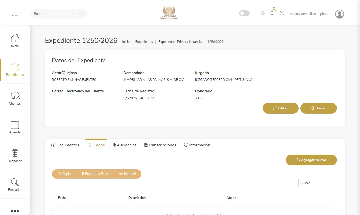 Pagos y honorarios por expediente en Master Legal