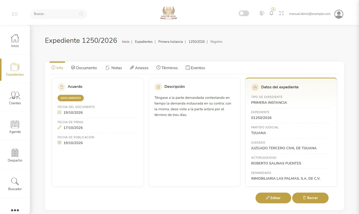 Notas, anexos, términos y eventos en cada acuerdo en Master Legal